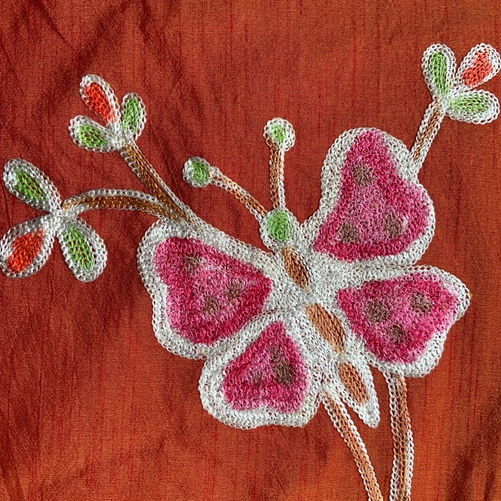 Orange Embroidered Silk Crewelwork Fabric